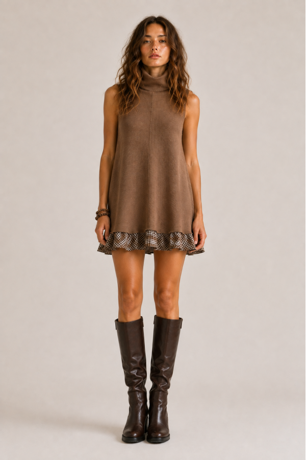 SWT1211P / Jade By Jane<br/>PLAID RUFFLE TURTLENECK MINI DRESS