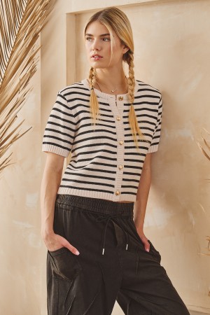 SWT1219 / Jade By Jane<br/>STRIPE BUTTON FRONT KNIT TOP