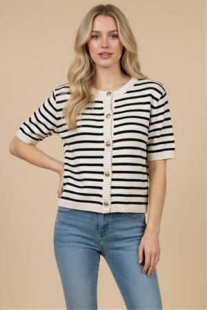 SWT1219P / Jade By Jane<br/>STRIPE BUTTON FRONT KNIT TOP PLUS