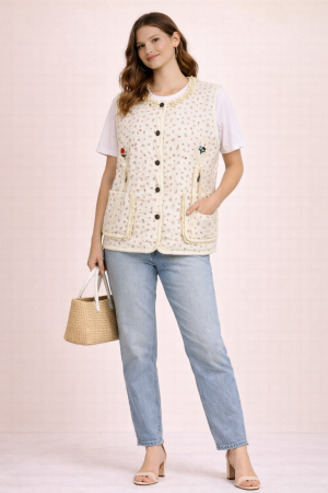 SWT1222 / Jade By Jane<br/>FLORAL QUILTED LACE-TRIM VEST