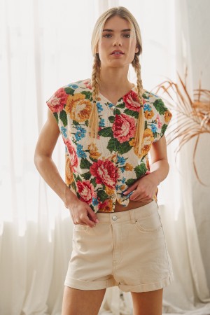 SWT1231 / Jade By Jane<br/>FLORAL TAPESTRY BUTTON KNIT TOP