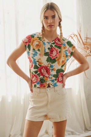 SWT1231P / Jade By Jane<br/>FLORAL TAPESTRY BUTTON KNIT TOP PLUS