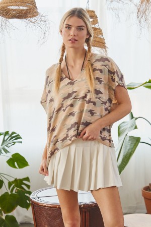 SWT1233P / Jade By Jane<br/>CAMO DOLMAN SLEEVE V-NECK KNIT TOP PLUS
