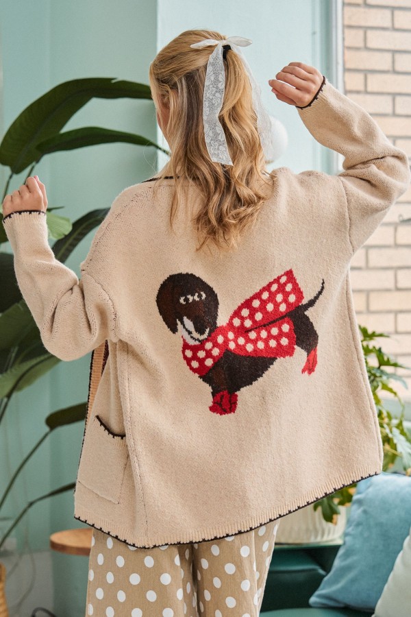 SWT1236 / Jade By Jane<br/>DOG GRAPHIC KNIT CARDIGAN