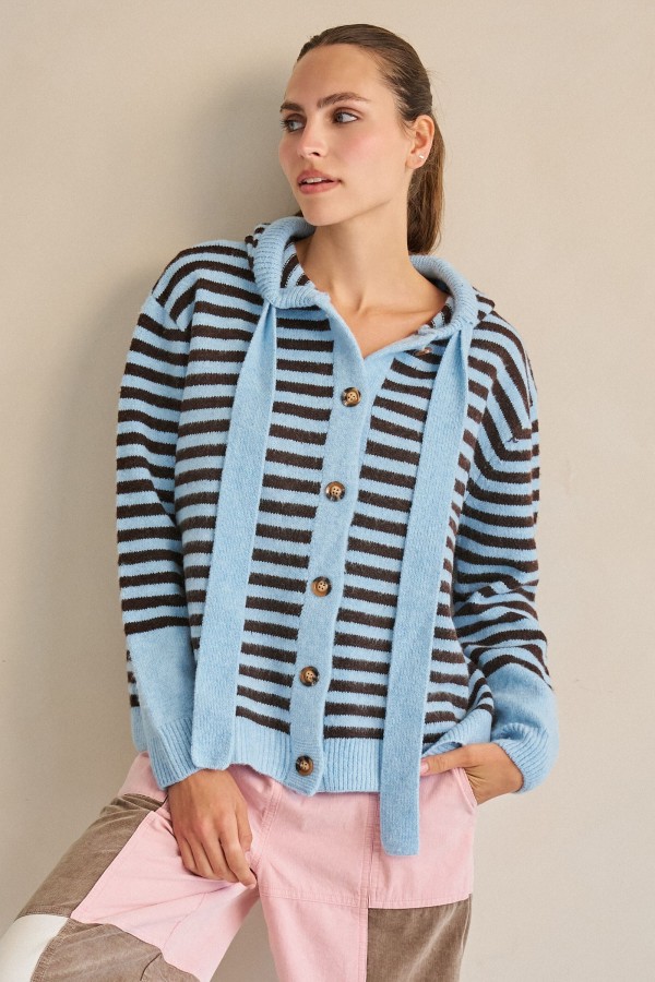 SWT1237P / Jade By Jane<br/>PLUS SIZE STRIPE HOODIE KNIT CARDIGAN