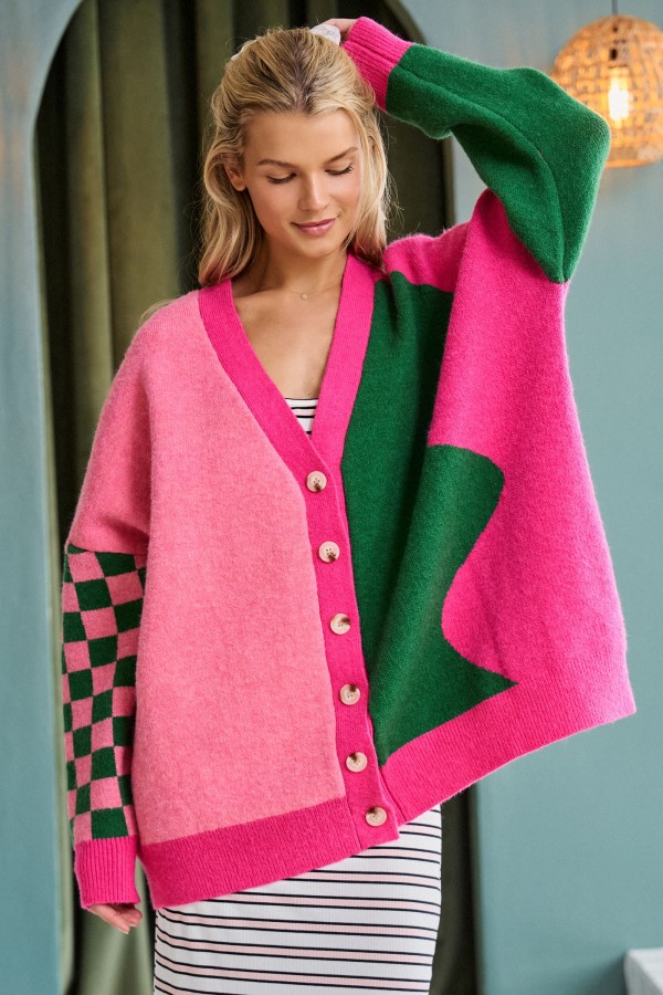 SWT1256 / Jade By Jane<br/>COLOR BLOCK MIX PATTERN CARDIGAN