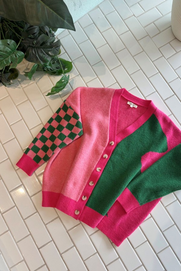 SWT1256P / Jade By Jane<br/>PLUS SIZE COLOR BLOCK MIX PATTERN CARDIGAN