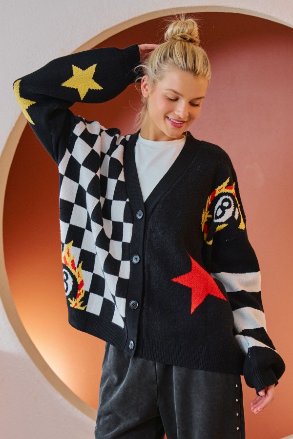 SWT1261 / Jade By Jane<br/>CHECKER 8 BALL GRAPHIC KNIT CARDIGAN