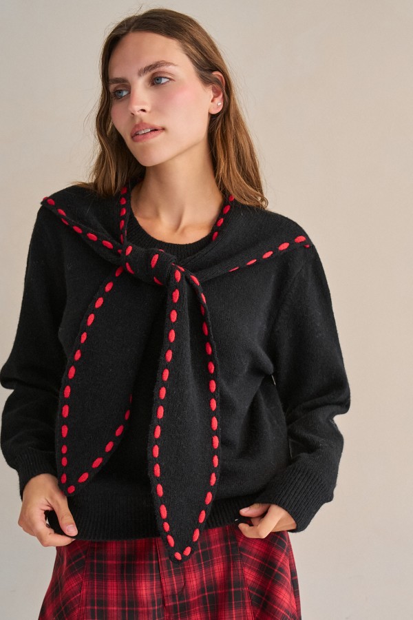 SWT1327 / Jade By Jane<br/>STITCH DETAIL SCARF KNIT SWEATER