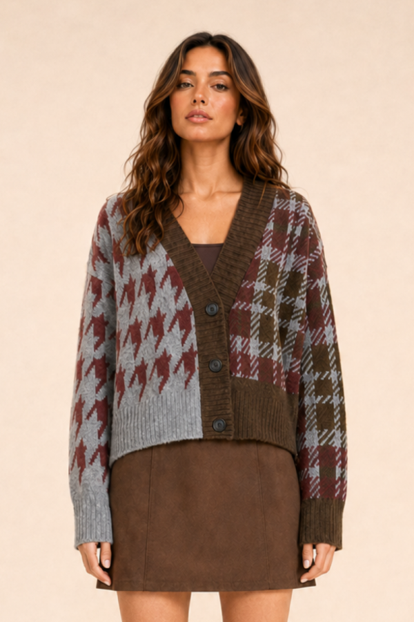 SWT1335 / Jade By Jane<br/>PATCHWORK CHECK KNIT CARDIGAN