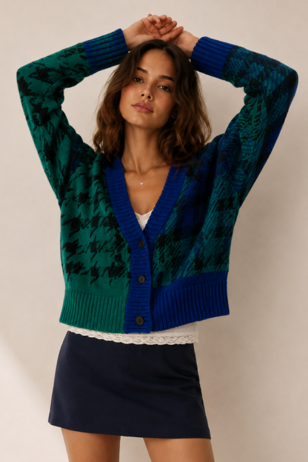 SWT1335P / Jade By Jane<br/>PLUS SIZE PATCHWORK CHECK KNIT CARDIGAN
