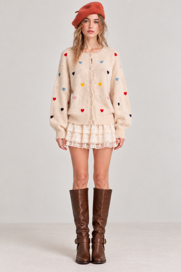 SWT1339P / Jade By Jane<br/>PLUS SIZE MINI HEART EMBROIDERED KNIT CARDIGAN
