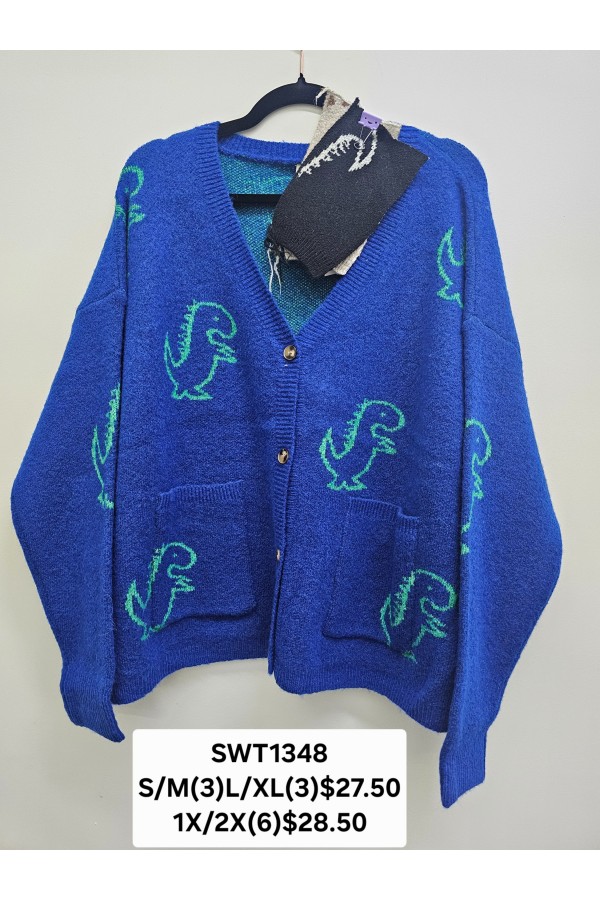 SWT1348 / Jade By Jane<br/>DINOSAUR PATTERN KNIT CARDIGAN