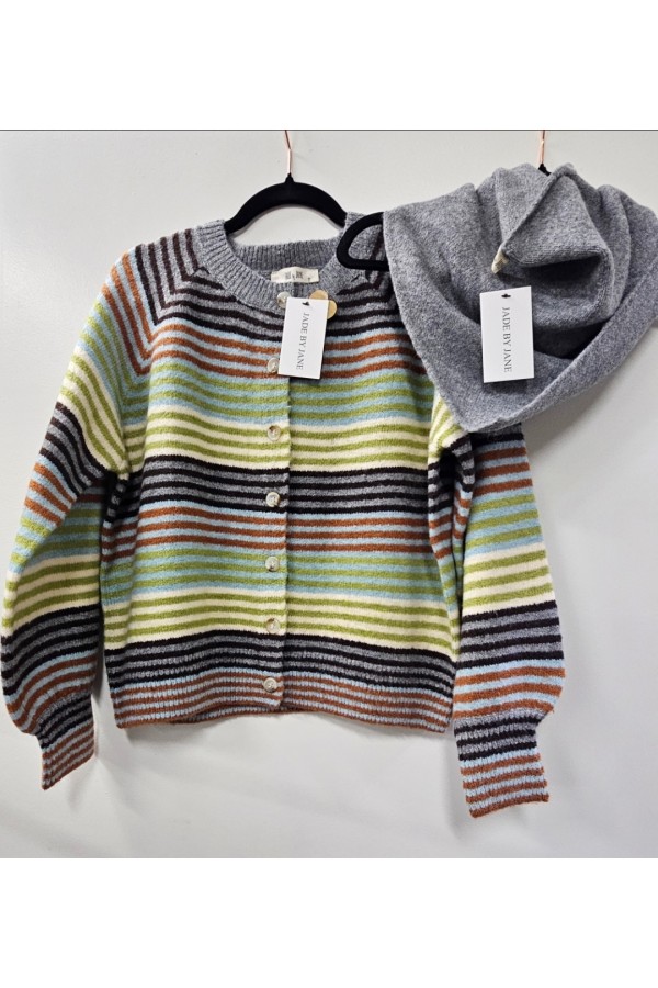 SWT1368 / Jade By Jane<br/>RETRO STRIPE KNIT CARDIGAN WITH SCARF