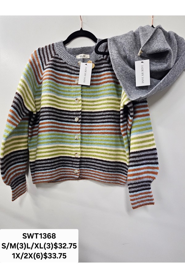 SWT1368P / Jade By Jane<br/>PLUS SIZE RETRO STRIPE KNIT CARDIGAN WITH SCARF