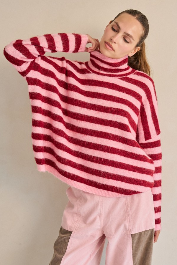 SWT1371P / Jade By Jane<br/>PLUS SIZE STRIPED TURTLENECK KNIT SWEATER