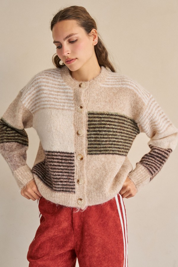 SWT1372 / Jade By Jane<br/>MIXED STRIPE COLOR BLOCK CARDIGAN