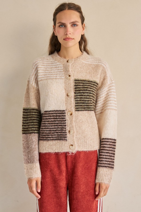 SWT1372P / Jade By Jane<br/>PLUS SIZE MIXED STRIPE COLOR BLOCK CARDIGAN