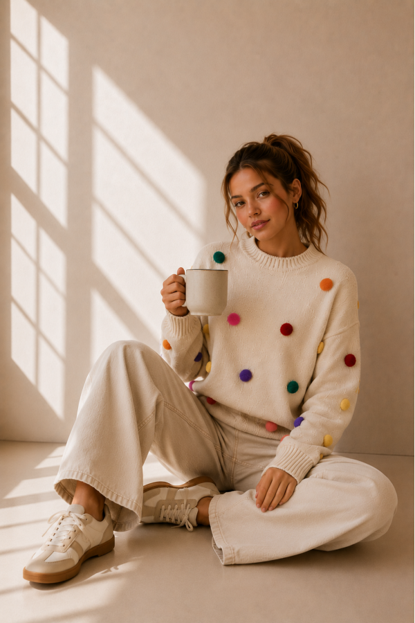 SWT1376P / Jade By Jane<br/>PLUS SIZE RAINBOW DOT KNIT PULLOVER