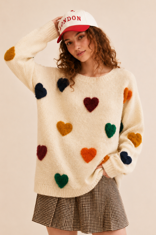 SWT1410 / Jade By Jane<br/>COLORFUL HEART PATCH KNIT SWEATER