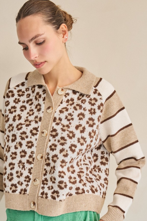 SWT1418 / Jade By Jane<br/>LEOPARD STRIPE COLLAR CARDIGAN