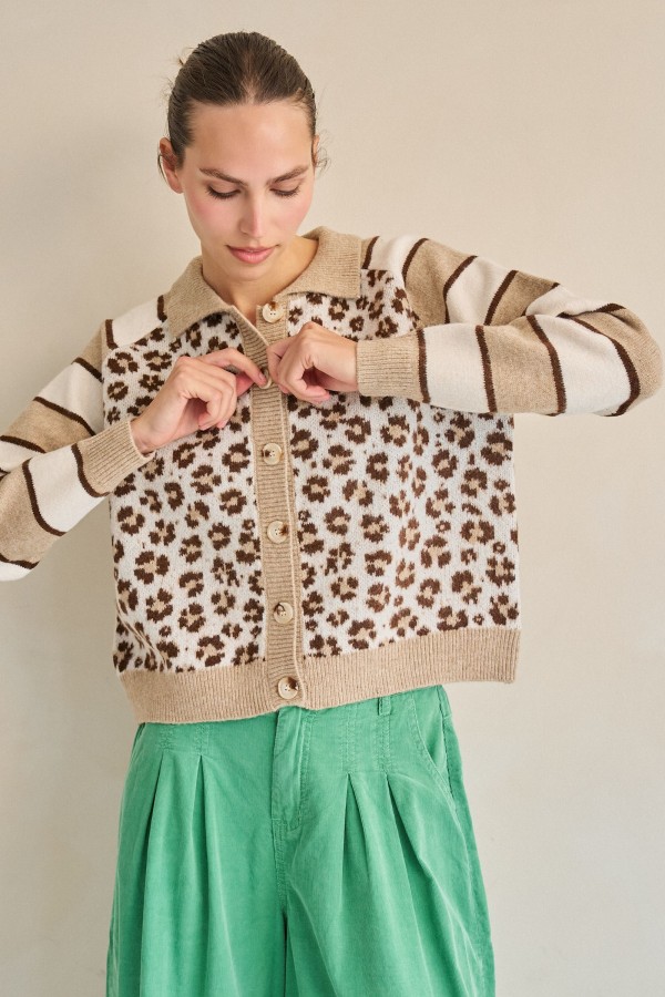 SWT1418P / Jade By Jane<br/>PLUS SIZE LEOPARD STRIPE COLLAR CARDIGAN