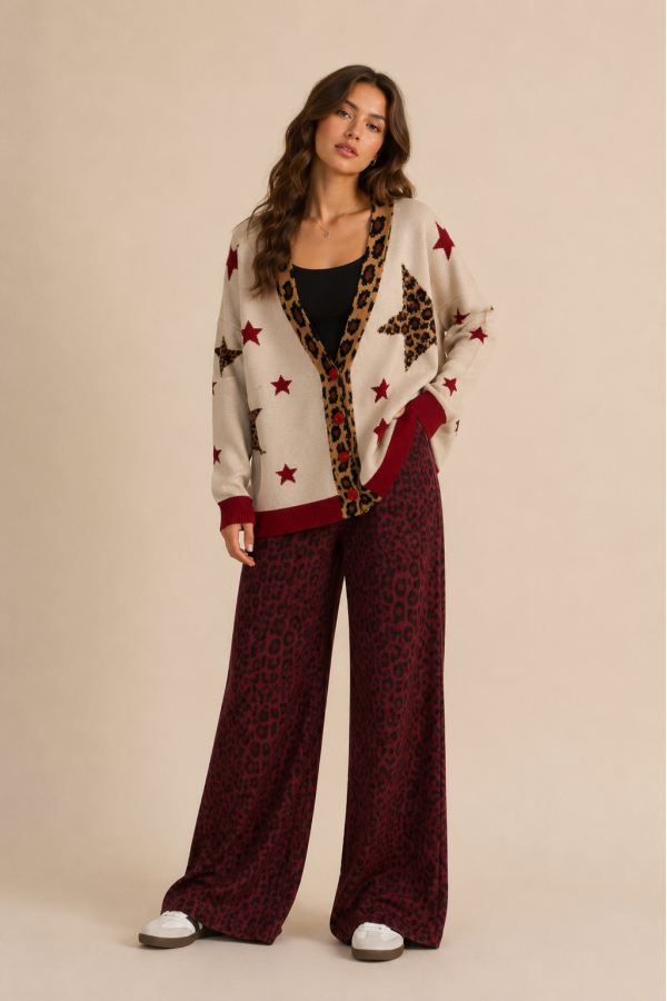 SWT1437 / Jade By Jane<br/>LEOPARD STAR BUTTON-DOWN CARDIGAN