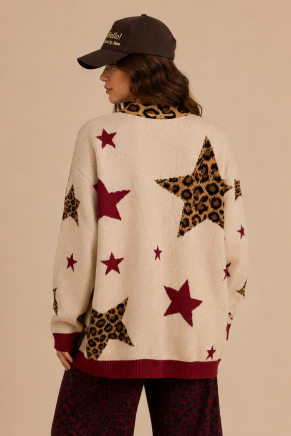 SWT1437P / Jade By Jane<br/>LEOPARD STAR BUTTON-DOWN CARDIGAN