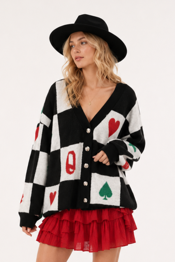 SWT1439 / Jade By Jane<br/>PLAYING CARD CHECKER CARDIGAN