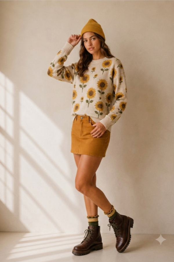 SWT1445P / Jade By Jane<br/>SUNFLOWER PRINT KNIT SWEATER