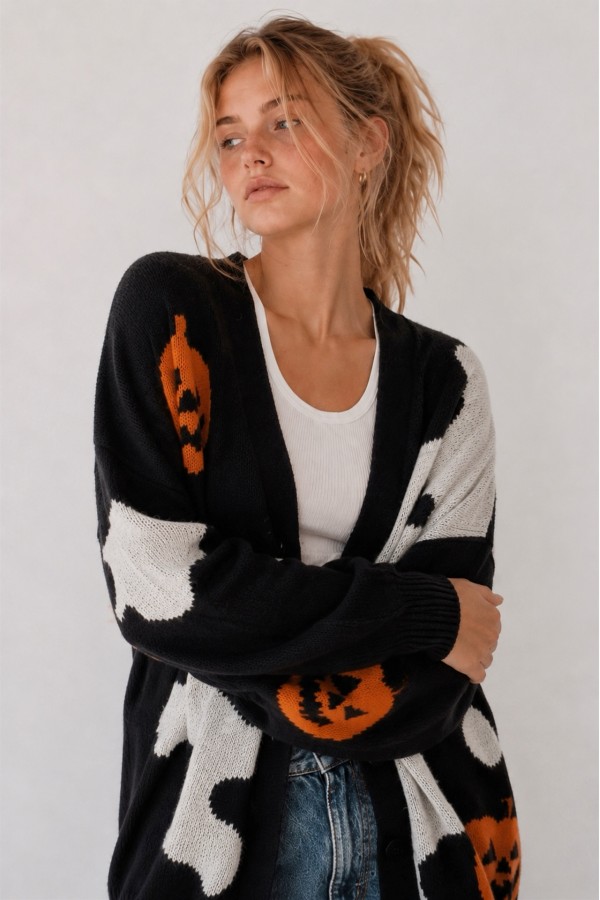 SWT1446 / Jade By Jane<br/>HALLOWEEN SPOOKY KNIT CARDIGAN