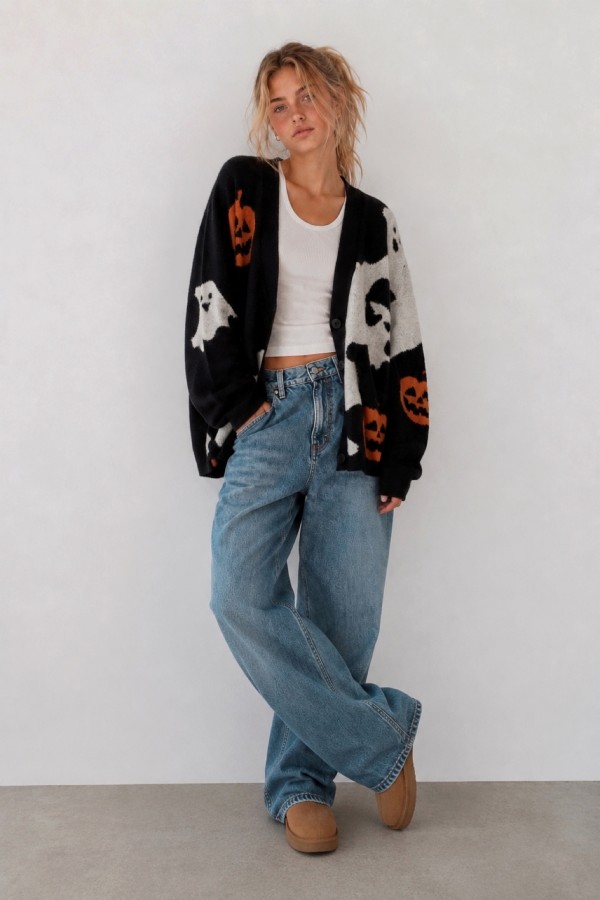 SWT1446P / Jade By Jane<br/>PLUS SIZE HALLOWEEN SPOOKY KNIT CARDIGAN