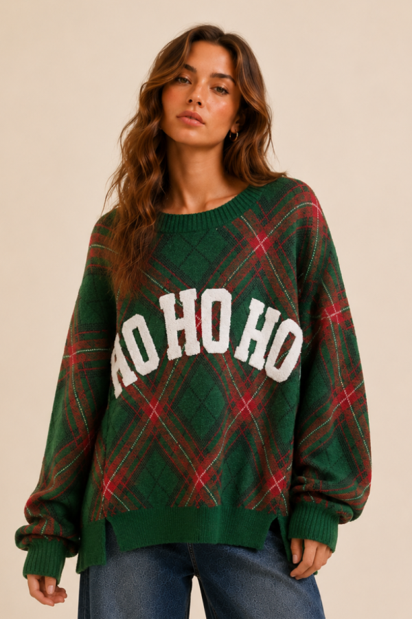 SWT1452P / Jade By Jane<br/>HO HO HO PLAID CHRISTMAS SWEATER