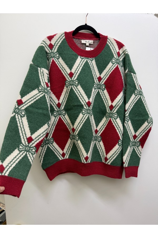 SWT1457 / Jade By Jane<br/>FESTIVE ARGYLE CHRISTMAS SWEATER