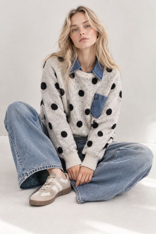 SWT1514 / Jade By Jane<br/>POLKA DOT DENIM COLLAR SWEATER