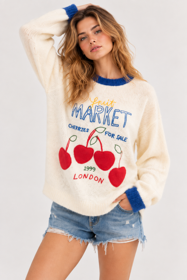 SWT1543P / Jade By Jane<br/>FRUIT MARKET CHERRY GRAPHIC SWEATER
