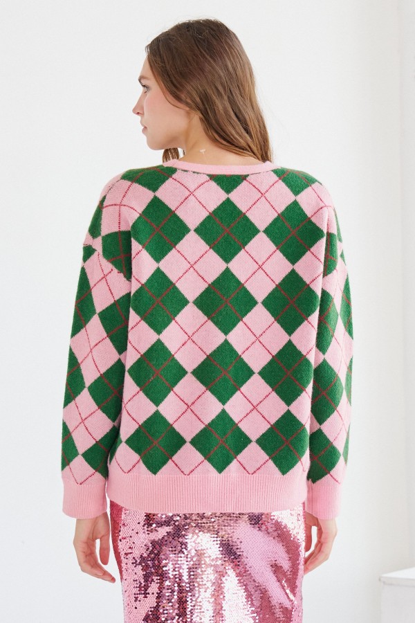 SWT1574 / Jade By Jane<br/>ARGYLE BUTTON-DOWN CARDIGAN