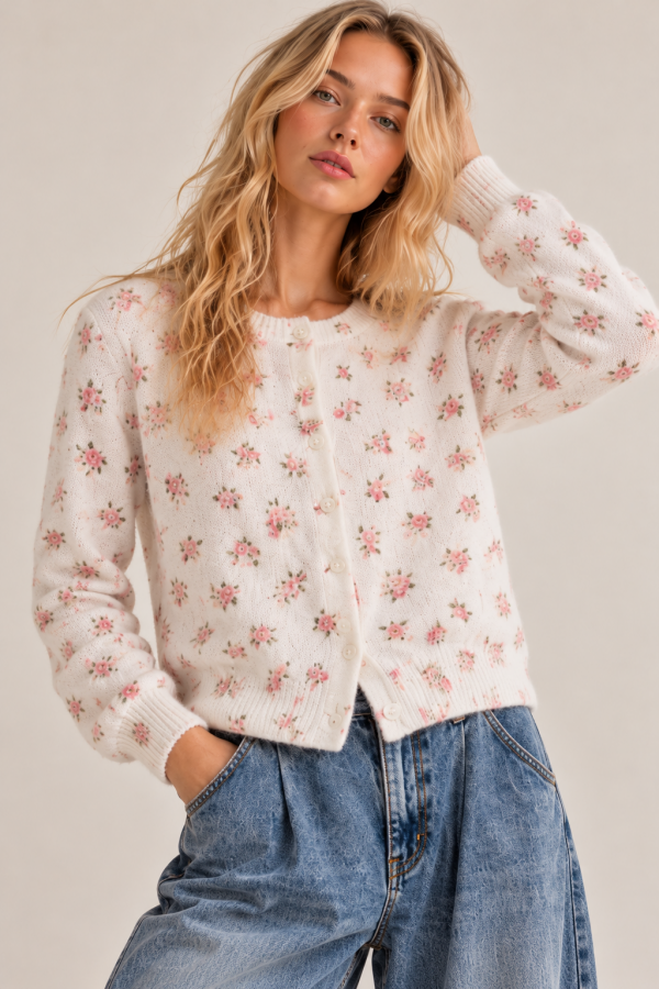 SWT1592 / Jade By Jane<br/>VINTAGE FLORAL PRINT KNIT CARDIGAN