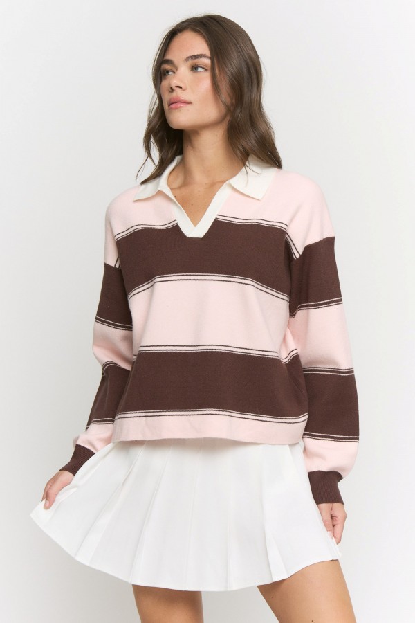 SWT8335 / Jade By Jane<br/>COLORBLOCK STRIPED COLLARED SWEATER TOP