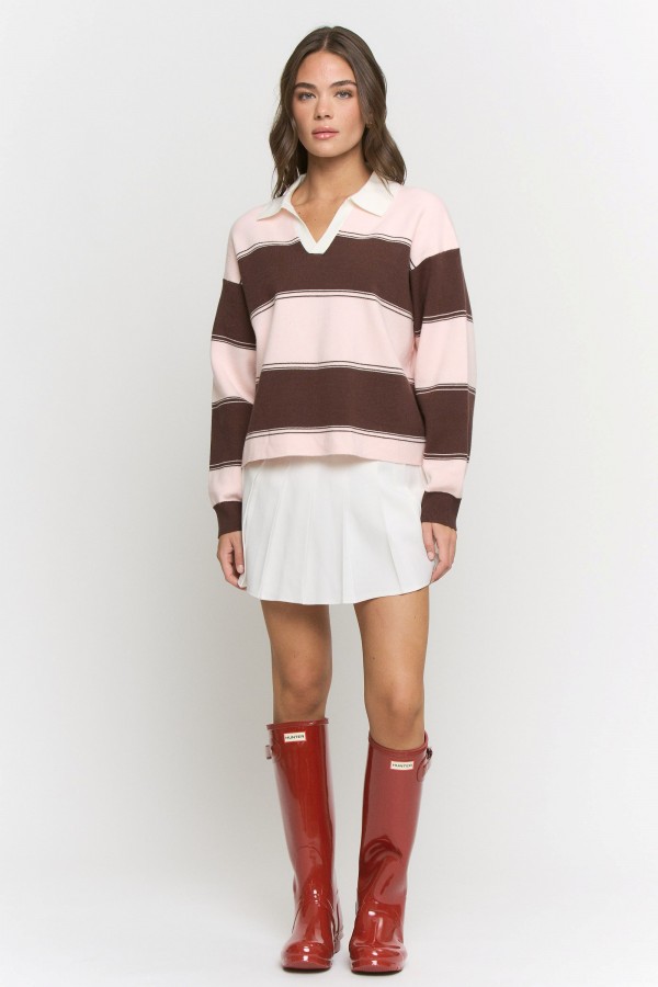 SWT8335P / Jade By Jane<br/>PLUS SIZE COLORBLOCK STRIPED COLLARED SWEATER TOP