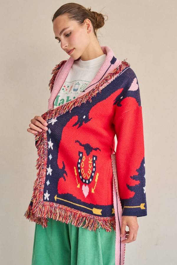 SWT8350 / Jade By Jane<br/>FRINGED KNIT BELTED WRAP CARDIGAN