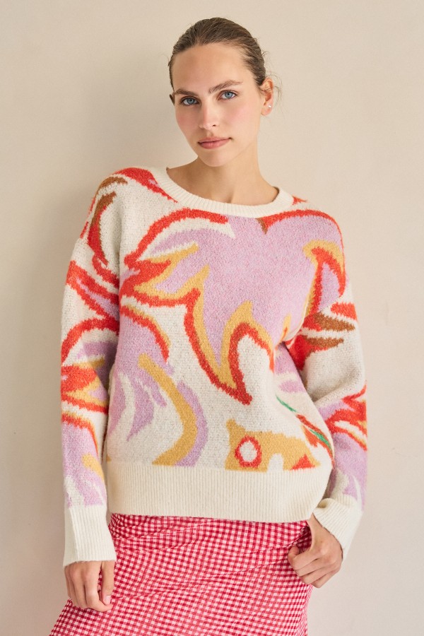 SWT8352 / Jade By Jane<br/>RETRO FLOWER KNIT SWEATER