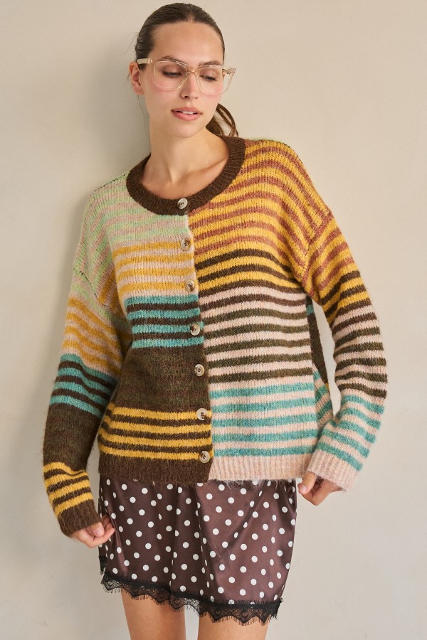 SWT8500 / Jade By Jane<br/>TONE-AND-TONE MIXED STRIPE CARDIGAN