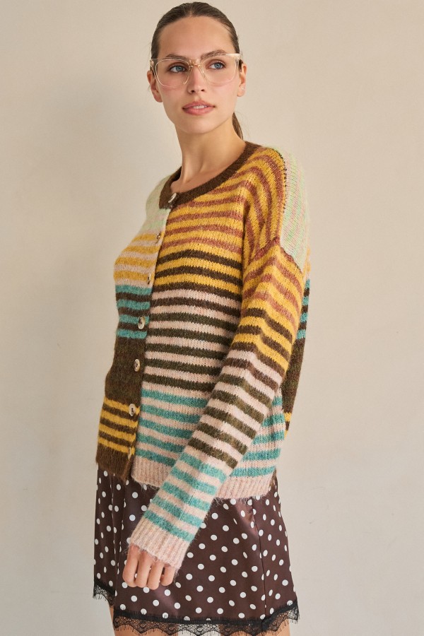 SWT8500P / Jade By Jane<br/>PLUS SIZE TONE-AND-TONE MIXED STRIPE CARDIGAN