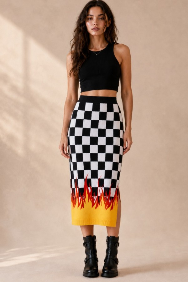 SWT8547P / Jade By Jane<br/>PLUS SIZE CHECKERED FLAME KNIT MIDI SKIRT