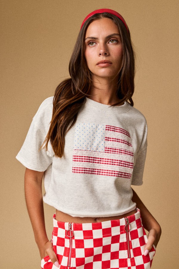 PT20072 / Papermoon<br/>crew neck American flag patch s/s top