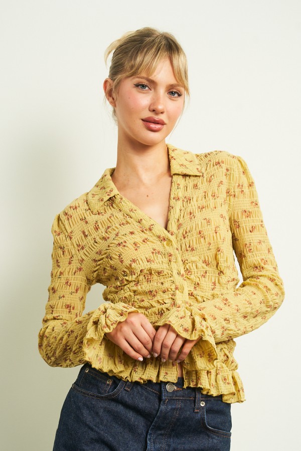 11482 / ANWND<br/>Floral Smocked Peplum Button-Front Blouse