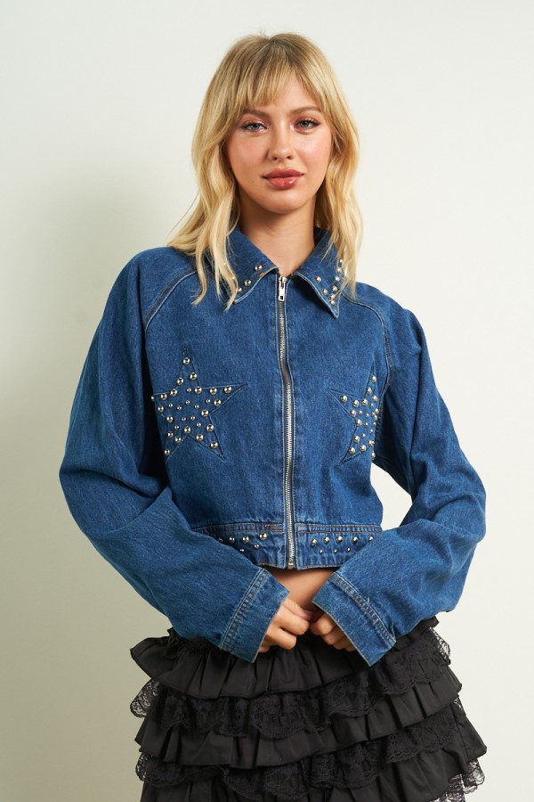 2961 / ANWND<br/>Studded Star Detail Cropped Denim Jacket