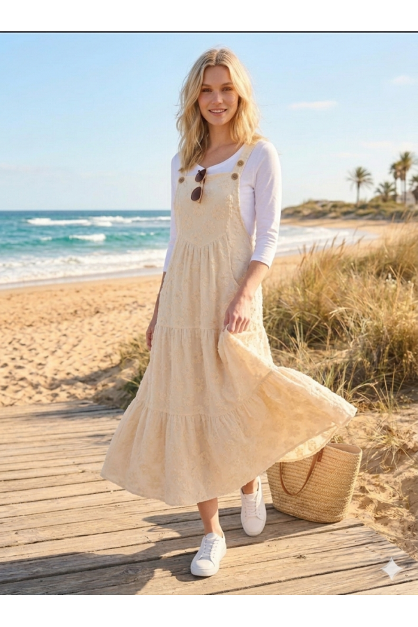 CD43977A / Celeste Design<br/>Women’s Tiered Overall Maxi Dress with Adjustable Button Straps