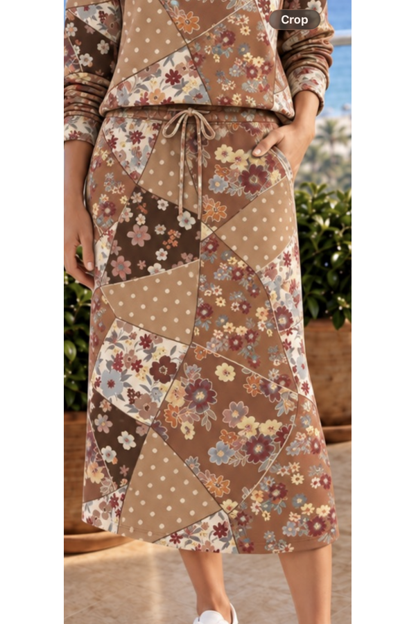 CS33960G-PL / Celeste Design<br/>Comfort Multi patch French Terry Midi Skirt is a wardrobe essential for every season.